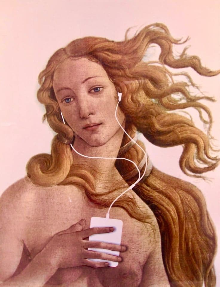 Vênus de Botticelli ouvindo música com fones de ouvido